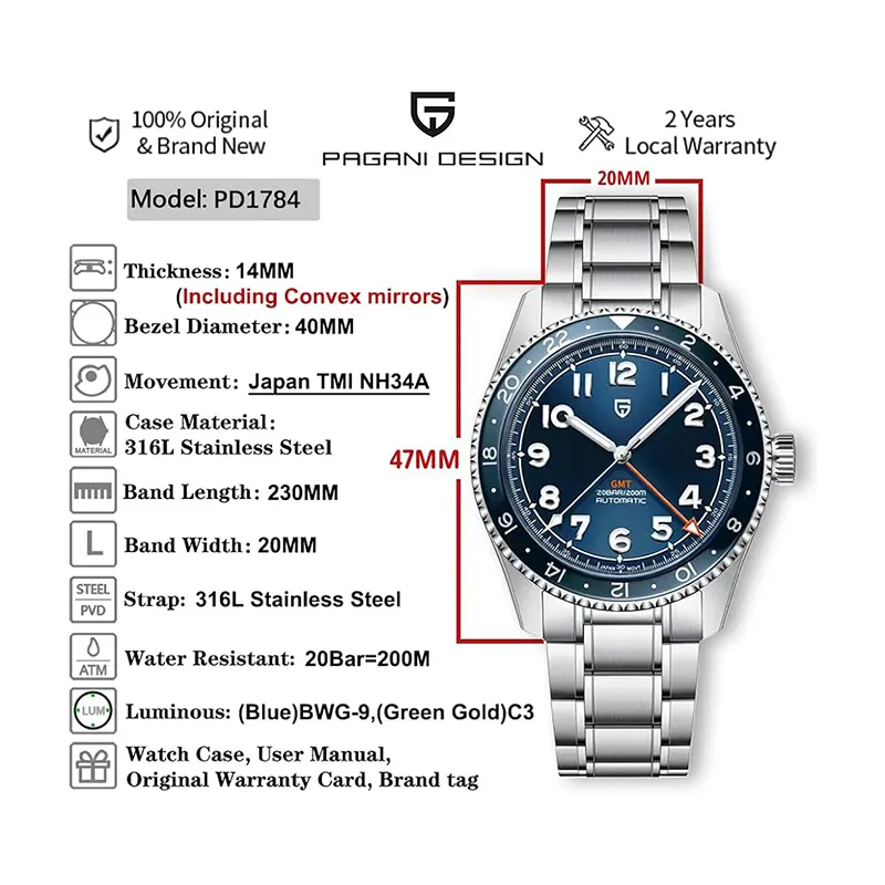 Pagani Design Spirit Blue GMT Diver's Men's Watch- PD-1784